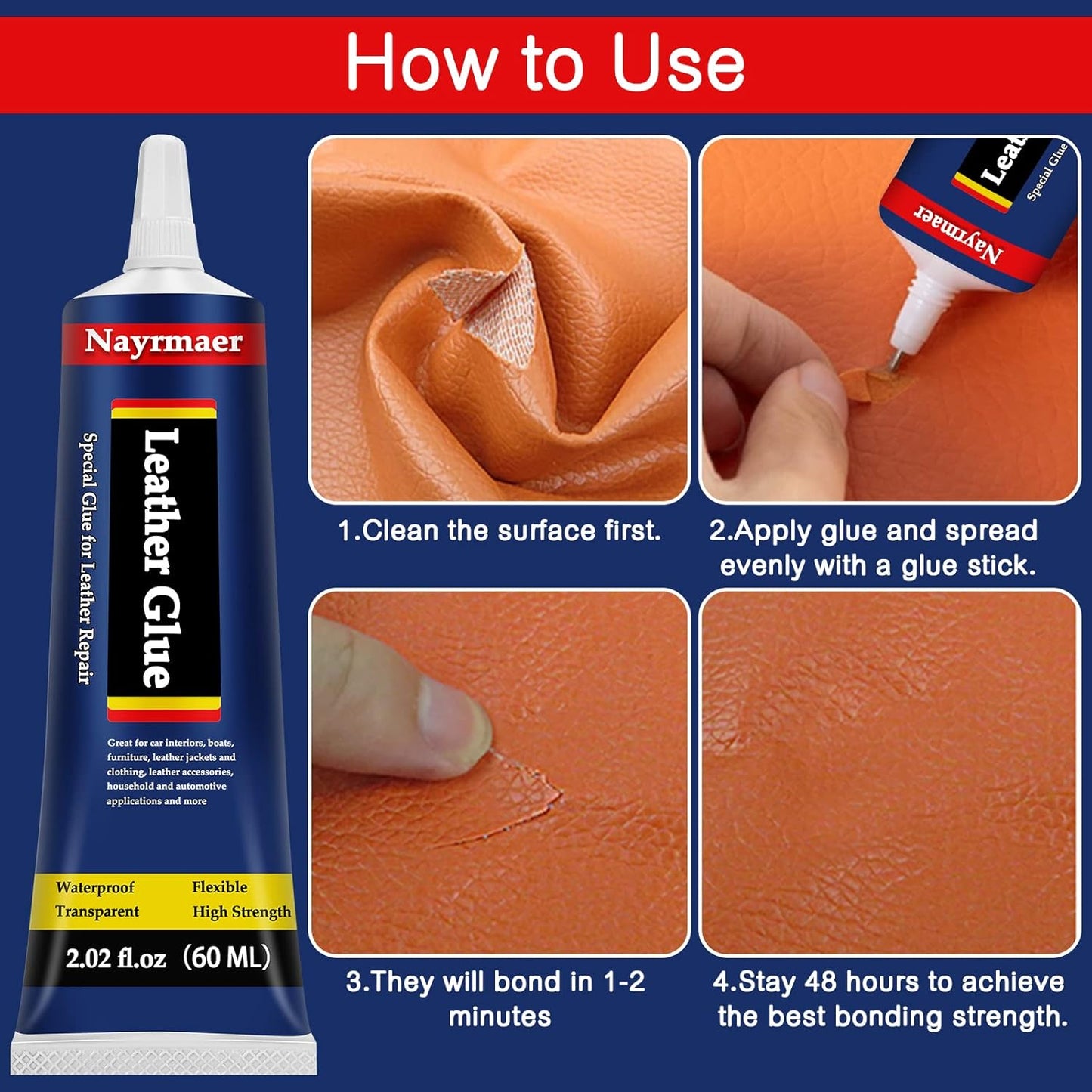 Skiennix Leather Glue - Permanent Clear Adhesive for Bonding Leather & Fabrics | 60 ML Pack