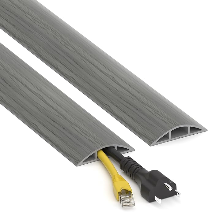 Floor Cord Cover 4ft, Cord Hider Floor Hide Extension Cords, PVC Cable Management Cover, Cable Protector Cord Cavity W0.6in x H0.32in Grey Wood
