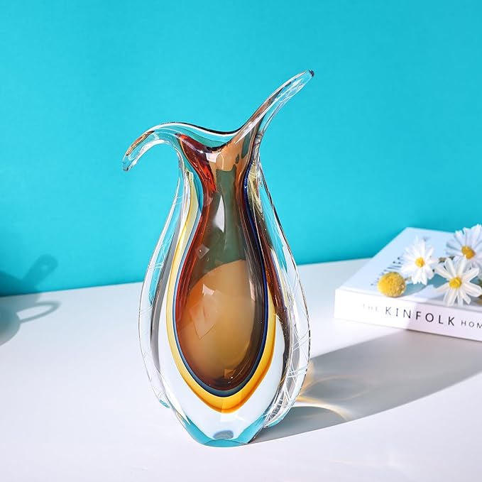 Amber Hand Blown Glass Vase – Oval Decorative Art Glass for Centerpieces, Murano Inspired Decor for Dining Room, Entryway Table, or Shelf, Handmade Glass Vase for Home Display (Red Yellow)