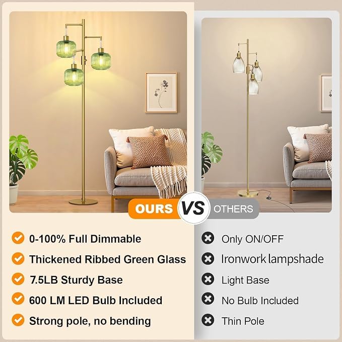 Modern Floor Lamp for Living Room, Dimmable Gold Standing Lamp with Green Glass Shade, Mid Century 3 Lights Tall Lamp, Vintage Retro Floor Lamps for Bedroom, 3×6W Bulbs Included
