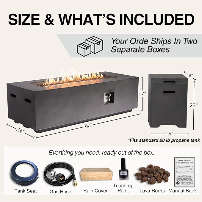 HillAethel 60-Inch Propane Fire Pit Table with Propane Tank Side Table,Set-2-Piece,60,000 BTU Concrete Gas Fire Pit with Free Rain Cover, Tank Seat, Lava Rocks, for Outside Patio Backyard,Dark Grey