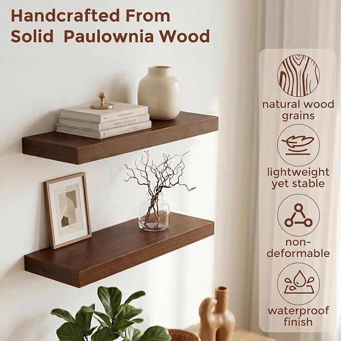 fuqing 20 Inch Floating Shelves | 6.7 Inch Deep Dark Wood Floating Shelves for Wall Set of 2 | 20''W x 6.7''D x 1.4''H Dark Wood Shelves for Living Room Bathroom Bedroom Kitchen Home Office