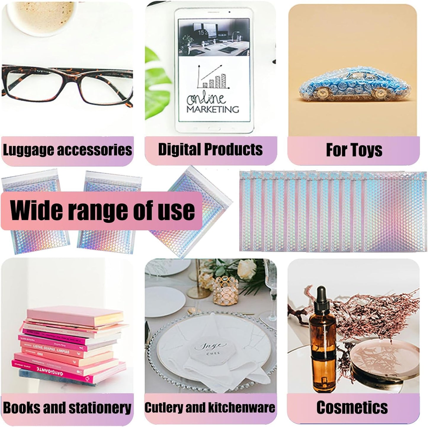 Skiennix Metallic Bubble Mailers - Waterproof Holographic Padded Envelopes | 50 PCS for Small Business Shipping