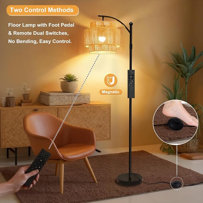 Rattan Floor Lamp with 3 Color Temperatures, Dimmable Boho Floor Lamp with Remote Control, Adjustable Height Tall Lamp for Living Room, Bedroom, Office, Wicker Standing Lamp with Foot Switch