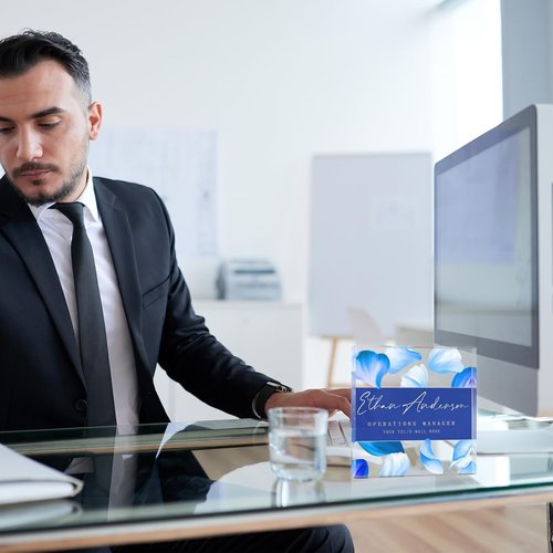 Custom Professional Office Desk Signs - Personalized Acrylic Name Plates | Unique Employee Appreciation Gifts - Square (Blue Petals)