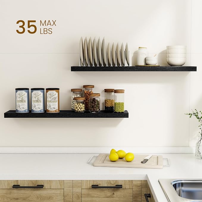 Dreamland 36Inch Floating Shelves for Wall, Rustic Wooden Black Floating Shelves for Bathroom|Bedroom|Kitchen, Deep Wall Mounted Book Shelf, Wood Storage Display Shelf for Home Decor, Set of 2