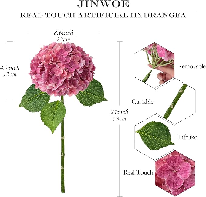 Magenta Pink Hydrangea Artificial Flowers, 3Pcs 21” Real Touch Latex Large Royal Faux Silk Flowers, Full Fake Artificial Hydrangeas with Stems for Bouquet Table Centerpieces Home