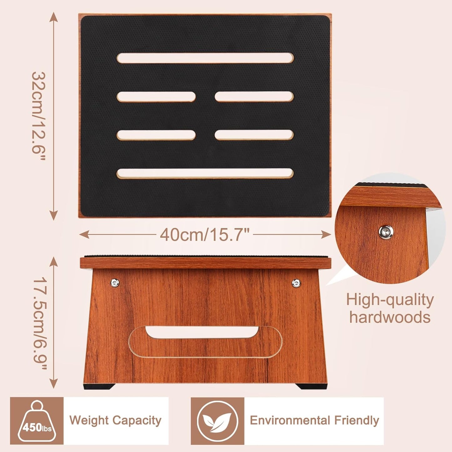 Wooden Step Stool - Non-Slip Design with 450 LBS Capacity | Easy Assembly for High Beds & Bathrooms - Rustic Brown