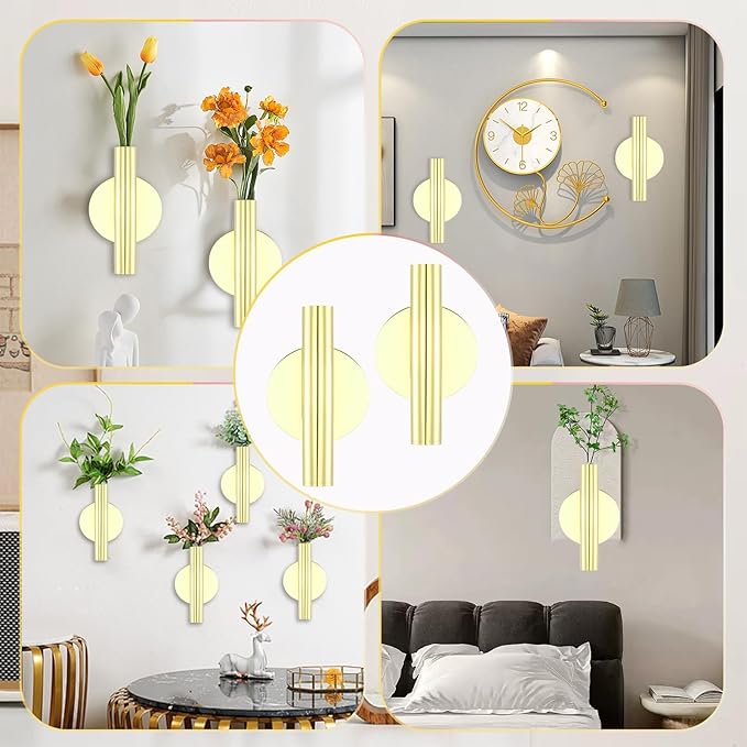 2 Pack Gold Circular Wall Vases for Flowers, Metal Hanging Wall Planters for Modern Home Decor, Hanging Flower Vase Holder for Faux & Dried Flowers, Wall Planters for Living Room & Bedroom Decor