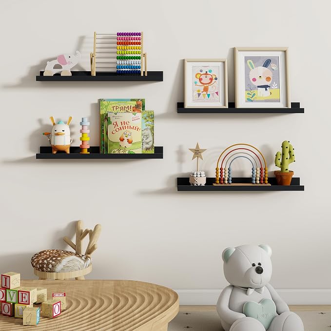 Dreamland Picture Ledge Shelf for Wall, Floating Shelves Set of 2, 24 Inch Long Floating Shelves with Lip for Living Room, Bedroom, Bathroom, Kitchen, Black