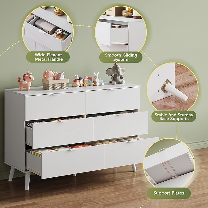 WLIVE 6 Drawer Dresser for Bedroom, 47.24'' Wide Wooden White Dresser, Storage Organizer with Sturdy Metal Handle, TV Stand for 55 inch TV, Chest of Drawers for Living Room, Hallway, Closet