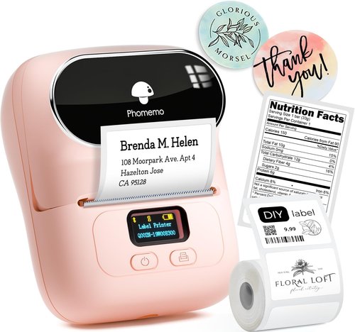 Phomemo Label Printer M110 - Portable Bluetooth Address Label Maker | No Ink, 100 Labels, Baby Pink