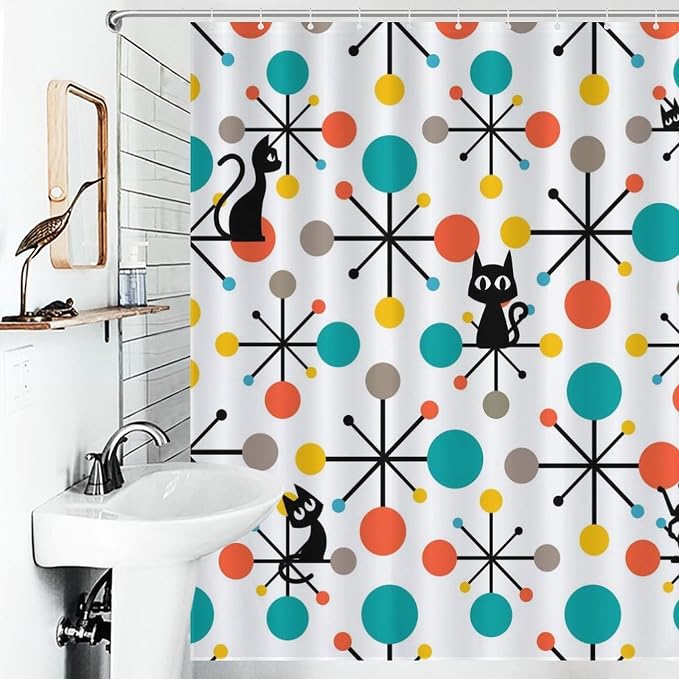 Mid Century Modern Cat Shower Curtain,Atomic Starburst Geometric Diamond Pattern Shower Curtains Set for Bathroom Fabric Decorative Bath Curtain Washable Curtain Hooks, 72x72”
