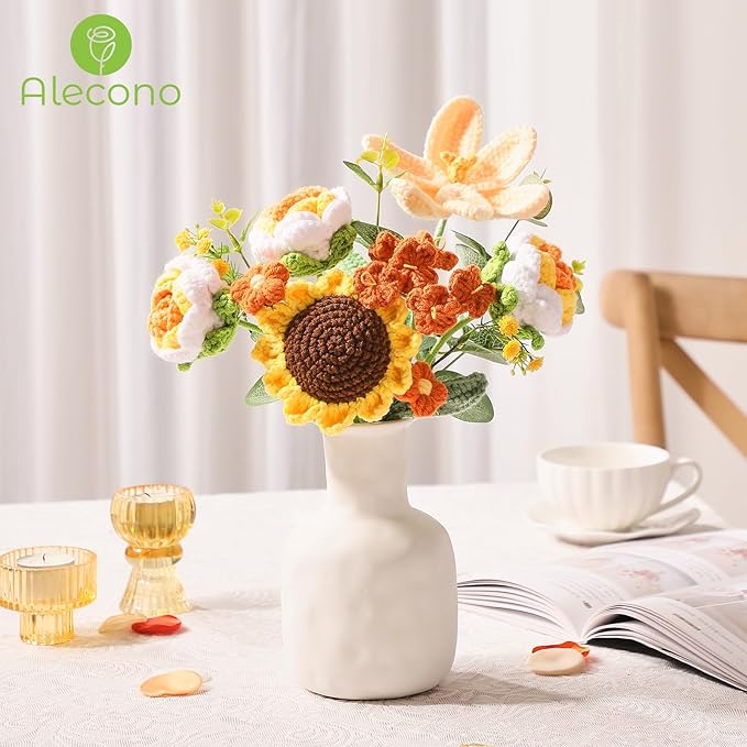 Alecono Crochet Flower Bouquet, Orange Knitted Flowers, Crochet Sunflower Flower for Lover Anniversary Birthday Party Mother's Day Graduation Gifts (Include Card)