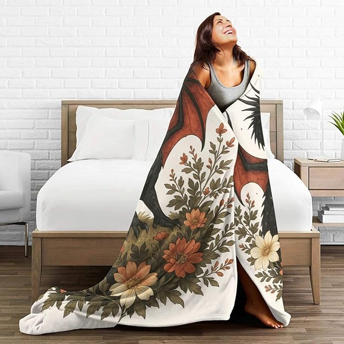Black Dragon Blanket Floral Dragon Throw Blanket Soft Cozy Fleece Fuzzy Stuffed Plush Flannel Gifts for Girls Women Boys Kids Adults 60"X80"