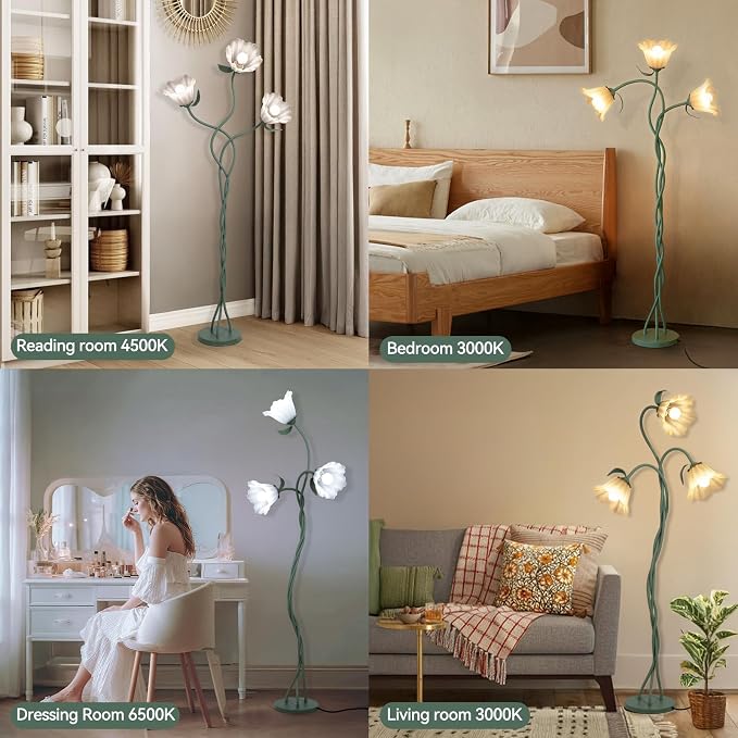 Elaruslux Vintage 3 Heads Flower Floor Lamp with Adjustable Gooseneck Corner Standing Tall Floor Lamp 3 Color Modes for Living Room Bedroom Reading Decoration Vine Floral Lamp with Lily of The Valley