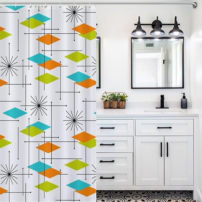 Mid Century Modern Shower Curtain,Retro Abstract Atomic Starburst Geometric Diamond Pattern Shower Curtains Set for Bathroom Fabric Decorative Bath Curtain Washable Curtain Hooks, 72”x72”