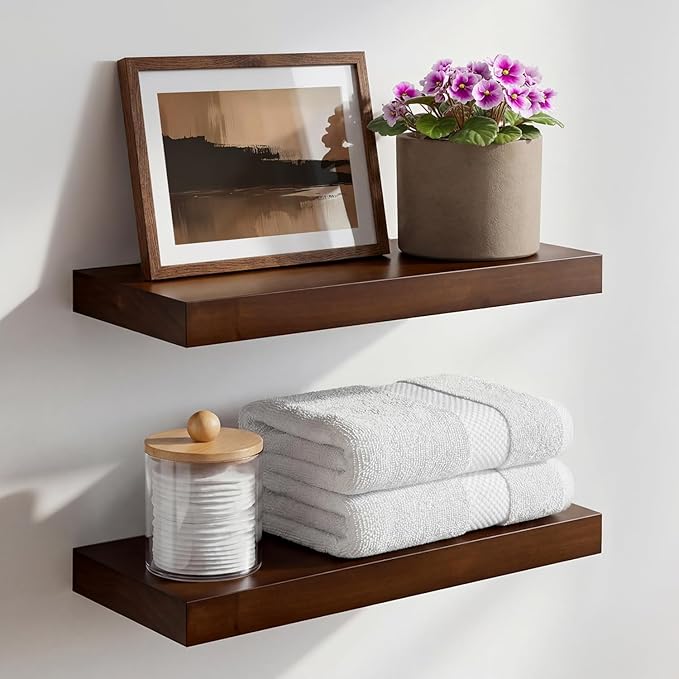 Homeforia Walnut Floating Bathroom Shelves, High End Solid Real Wood 16 inch Small Floating Shelf for Wall Mounted, Dark Brown 16inch Floating Shelves, Heavy Duty Bracket, 16 X 6.5 X 1.75 in, Set of 4