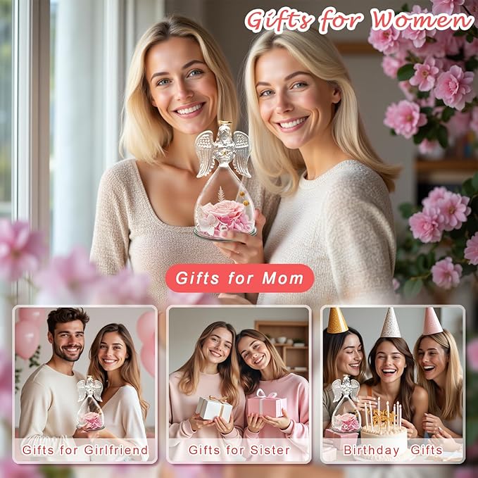 ANWEAO Christmas Flowers Gifts for Women,Mom, Preserved Real Rose with Angel Necklace,Romantic Gift for Her,Mom Birthday Gifts,Eternal Flowers Angel Gifts for Women Grandma Wife Girlfriend