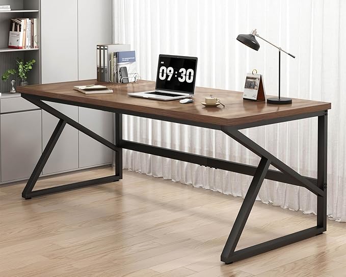 HSH Large Home Office Desk, Modern Wood Metal Computer Desk for Two Person, Extra Long Executive Writing Study Gaming Double Desk Workstation, 70 Inch Rustic Bedroom Living Room Table for 2 Monitors