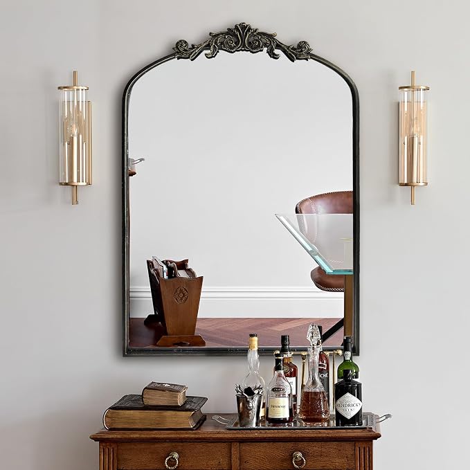OUSHUAI Black Ornate Mirror for Wall, Traditional Vintage Ornate Baroque Mirrors,Victorian Antique Bronze Full Matel Frame,Arched Mirror for Entryway/Bathroom/Fireplace 24"X36"