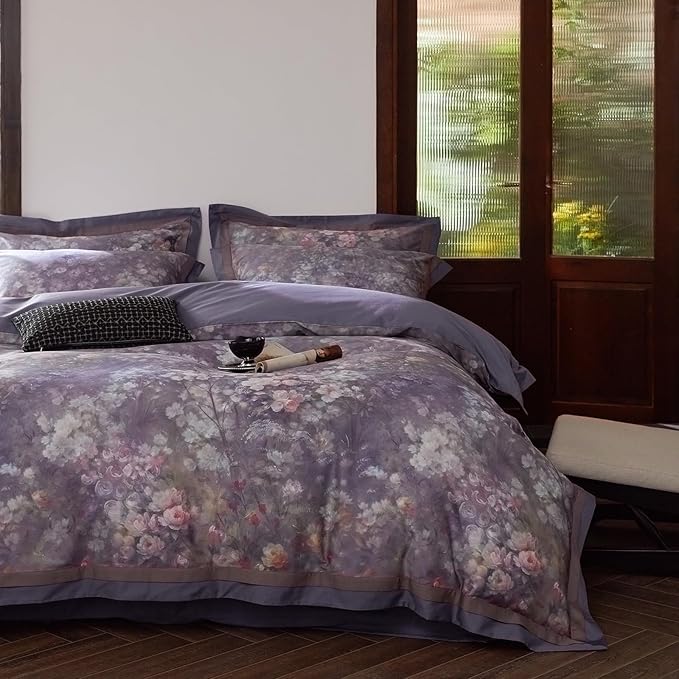VM VOUGEMARKET Garden Flower Bedding Set King Smooth Long Staple Cotton Duvet Cover with Purple Floral Pattern Vintage Cottage Botanical Comforter Cover for Spring Summer
