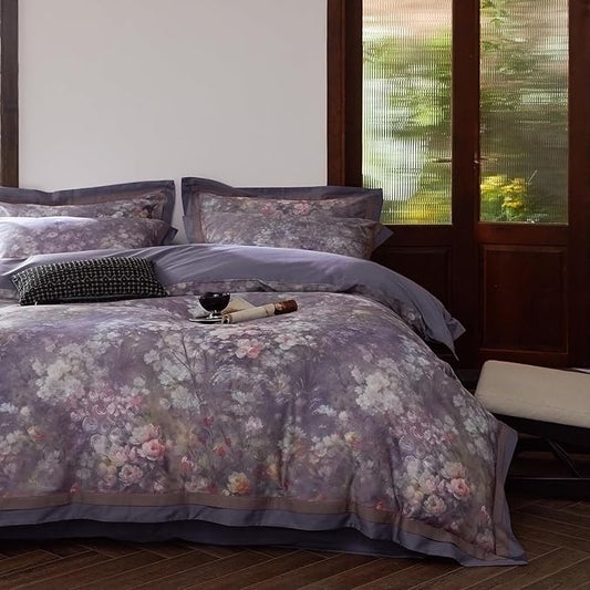VM VOUGEMARKET Purple Floral Duvet Cover Set Queen,3 Pieces Garden Flower Duvet Cover with 2 Pillow Shams Smooth Silky Long Staple Cotton Bedding Set-Queen,90x90 Inch
