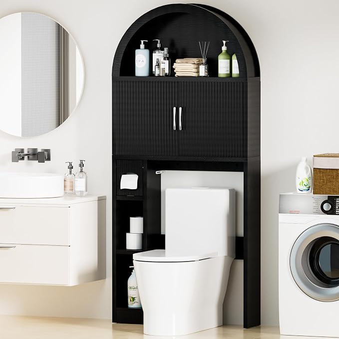 Spurgehom Over The Toilet Storage Cabinet, Bathroom Shelf Organizer Freestanding, Bathroom Arch Cabinet Over Toilet with Toilet Paper Holder and Anti-Tipping Device, Black