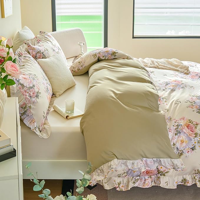 Ruffle Floral Duvet Cover Set 100% Cotton King Size, Shabby Blush Pink Cream Rose Comforter Cover, Satin Weave, Soft & Breathable, French Country Cottagecore Bedding 3Pcs-Not Comforter