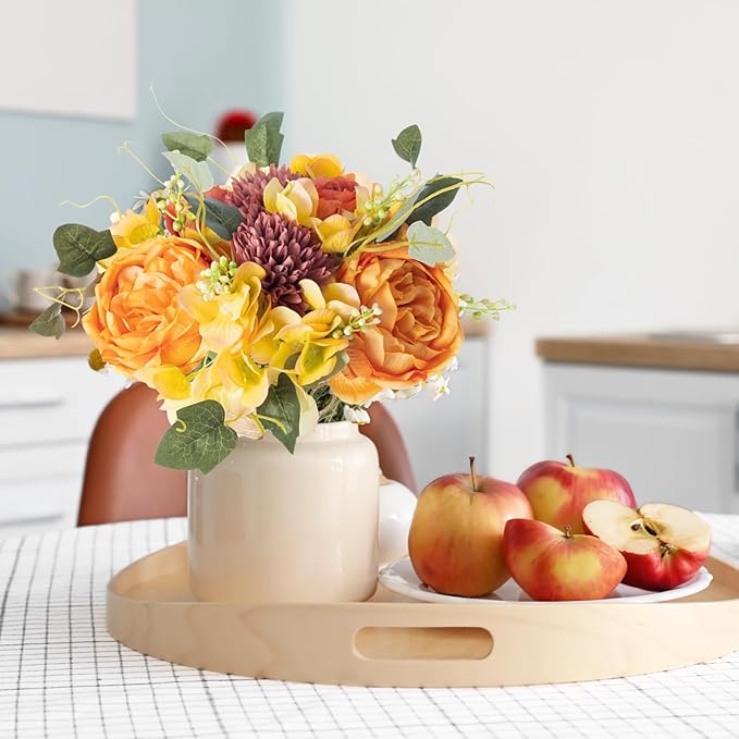 ASTRYAS 2 PCS Fall Peonies Artificial Flowers Bouquet, Yellow Fake Roses Silk Mums Fall Floral Arrangements for Autumn Home Decor Indoor Table Centerpieces Decoration