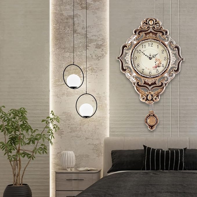 Aero Snail Retro Wall Clock with Pendulum, European Victoria Mid Century Style, Battery Operated Large Metal Silent Clock for Living Bedroom Wall Vintage Decor - Brown