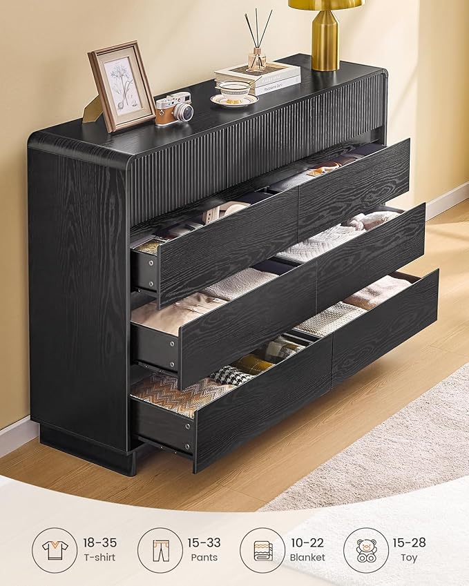 AOGLLATI Modern Wood 9 Drawer Dresser for Bedroom, 55" Long Fluted Double Dressers & Chests of Drawers with Curved Profile Design for Bedroom,Black