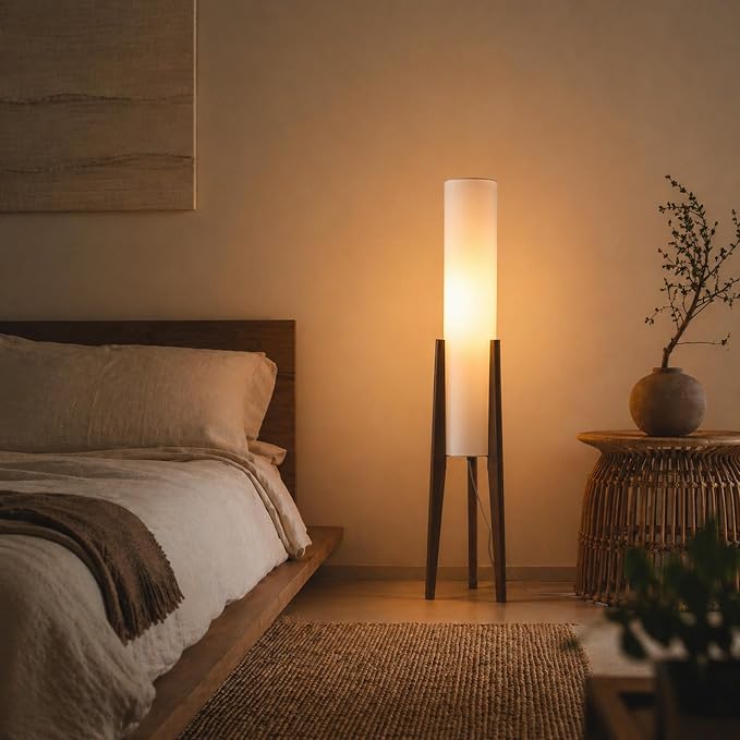 MIXL-Walnut Wood Finish Tripod Floor Lamp,Cylinder Shade Tall Standing Lamp,Rustic Living Room Floor Lamp,Mid Century Modern Standing Light for Bedroom Office
