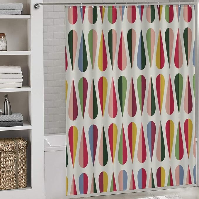 Mid Century Modern Shower Curtain,Retro Geometric Drop Shapes Art Style Shower Curtains Set for Bathroom Fabric Decorative Bath Curtain Washable Curtain Hooks, 72x72 inch