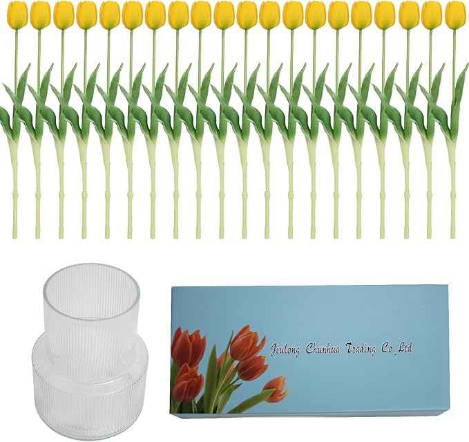 20 Artificial Tulips in Fluted Glass Vase, Waterproof Faux Flowers Bouquet for Wedding Home Office Decor, Table Centerpiece, Housewarming Birthday Gift Set (Yellow)