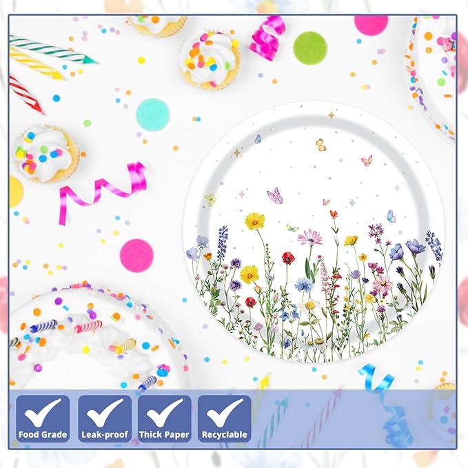 T-Antrix 40 Pcs Wildflower Plates And Napkins Party Supplies, Disposable Floral Wildflower Tableware Set for Spring Summer Picnic Wedding Birthday Tea Party Decoration Baby Shower Serves 20