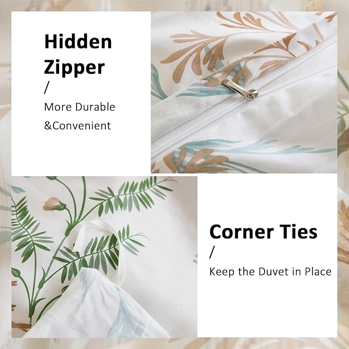 100% Cotton Duvet Cover King Size Ultra Soft Green Floral Comforter Cover with Luxurious Tan & Green Leaves on White, Reversible Lightweight Floral Duvet Cover Sets