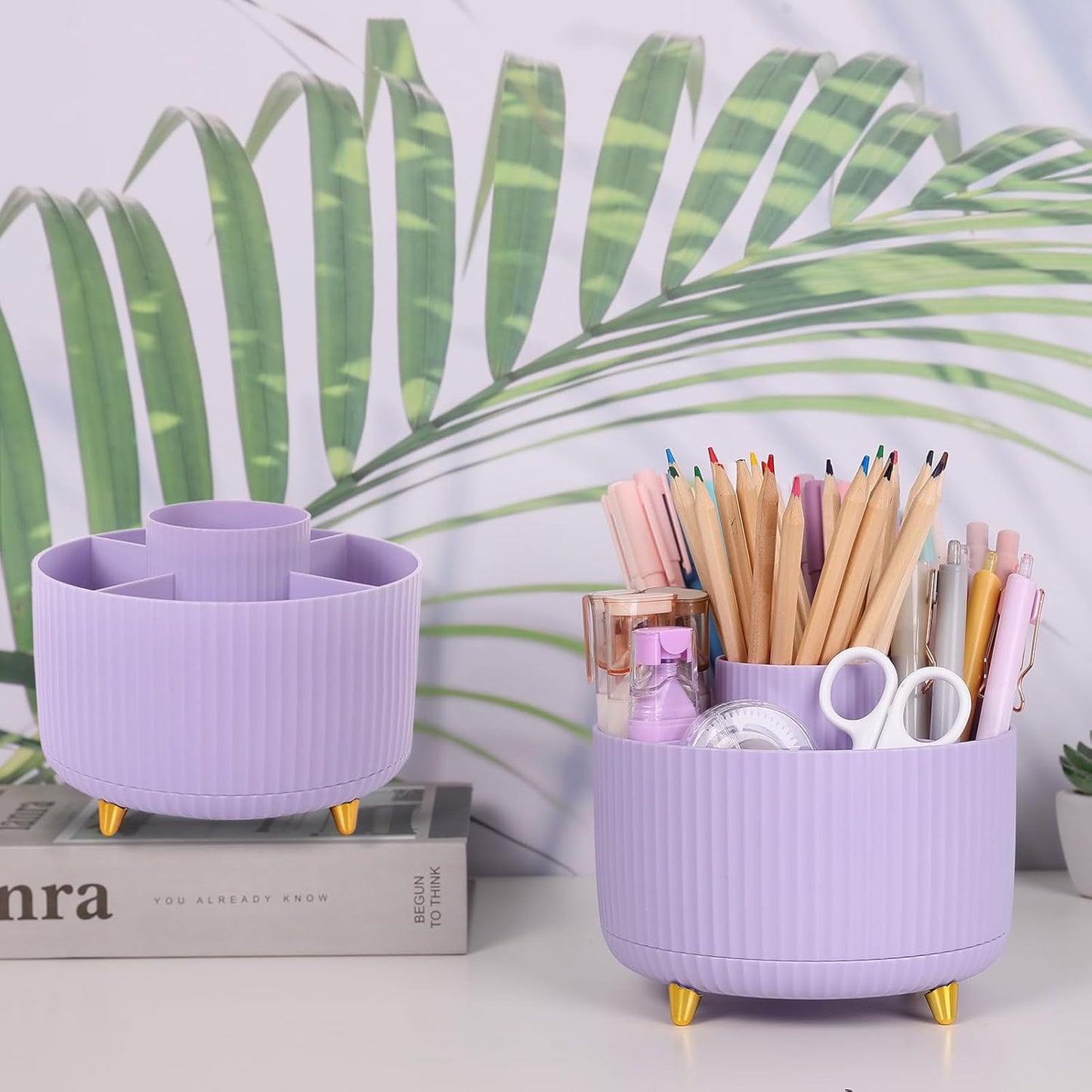 SKYDUE 360-Degree Rotating Pen Holder - 2 Pack Desktop Organizer with 5 Slots for Office & Home