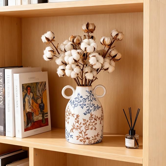 Rustic Blue Ceramic Vase with Handle, Nordic Boho Small Vases Side Table Flower Centerpiece, Wide Mouth Single Flower Vase Pampas Grass Decorative - for Home Window Sill Living Dining Room Kitchen