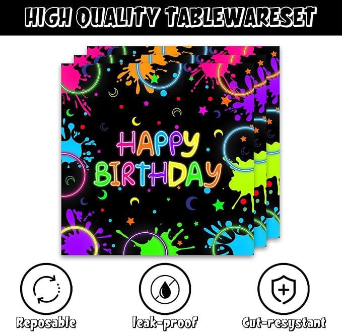 48pcs Neon Party Decoration Set,16 Dessert plate,16 Napkin And 16 Fork,16 persons Disposable tableware,Used Let Glow Birthday Party Supplies