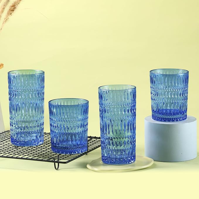 Loivttvv Glassware Drinking Glasses Set of 8, 14 oz Highball Glasses & 10 oz Ribbed Glass Cups, Vintage Glassware for Water, Juice, Cocktail, Whiskey (Blue)
