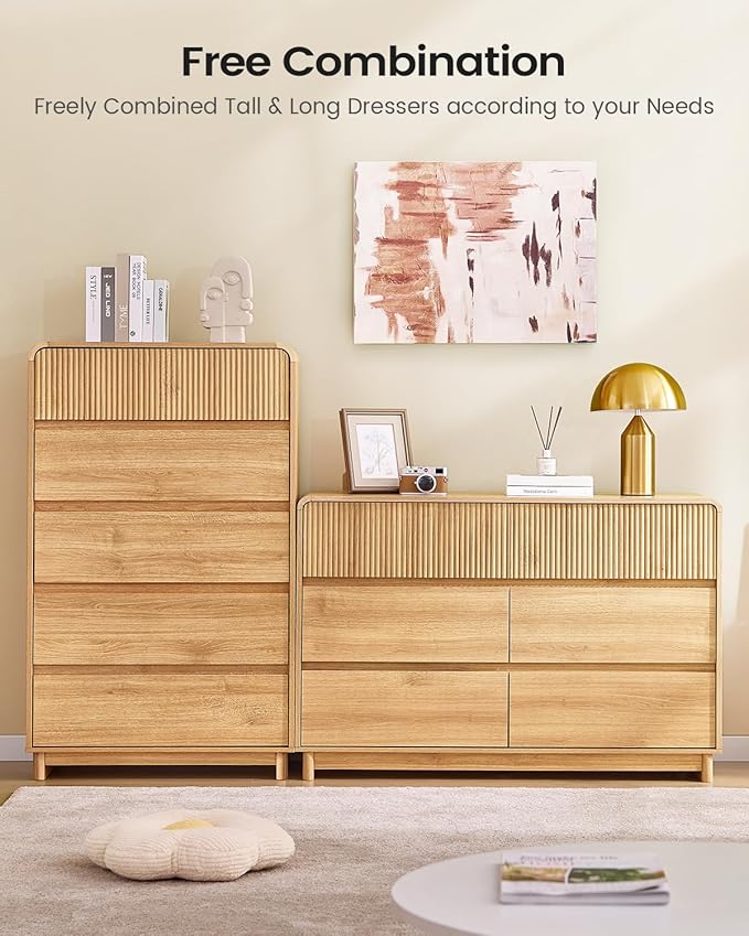 AOGLLATI Mid Century Modern 6 Drawer Dresser for Bedroom, 47" Wide Wood Fluted Double Dressers & Chests of Drawers with Curved Profile Design for Bedroom,Wood