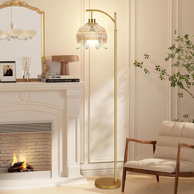 QIYIZM Flower Floor Lamp for Living Room,Bedroom,Gold Dimmable Standing Lamp with Remote,Glass Mid Century Modern Brass Tall Lamp Boho Floor Lamps Arc Stained Floor Light Lamp Bohemian