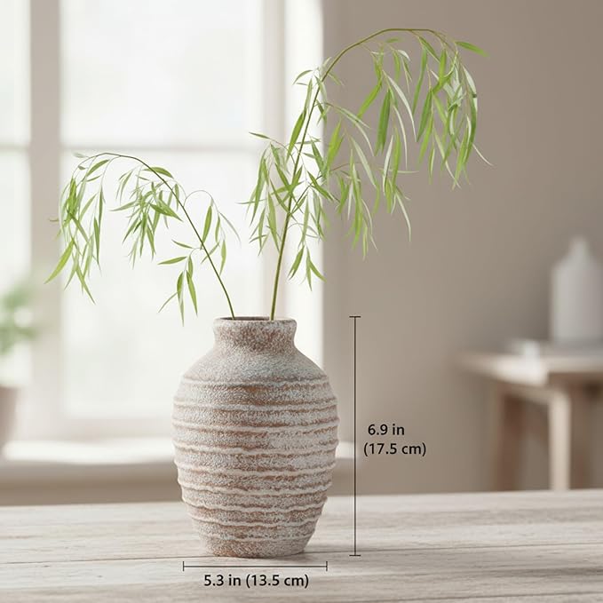 Rustic Ceramic Flower Vase,6.9 Inch Pottery Farmhouse Vases for Home Decor Boho Terracotta Vase Decorations Vintage Floral Vase Decor for Living Room,Table,Bedroom,Shelf,Mantel,Kitchen-Warm Sand Beige