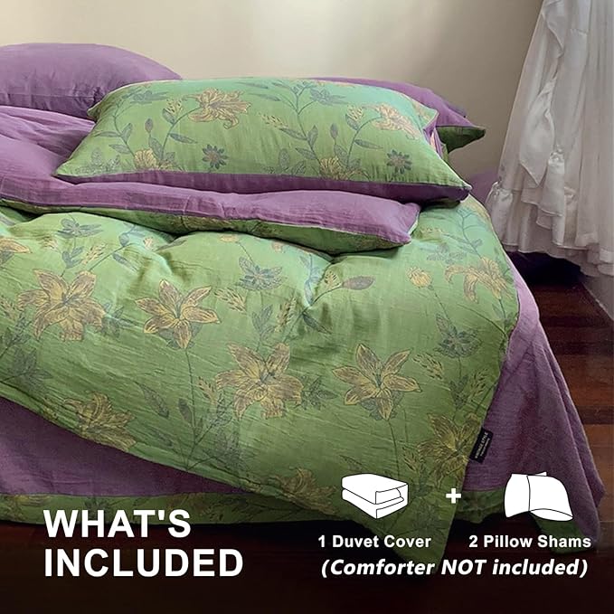 VM VOUGEMARKET Green Flower Duvet Cover Set Twin,3Pcs Yarn-Dyed Linen Cotton Jacquard Duvet Cover with 2 Pillowcases Garden Style Green Purple Bedding Set for Girls Women Without Comforter