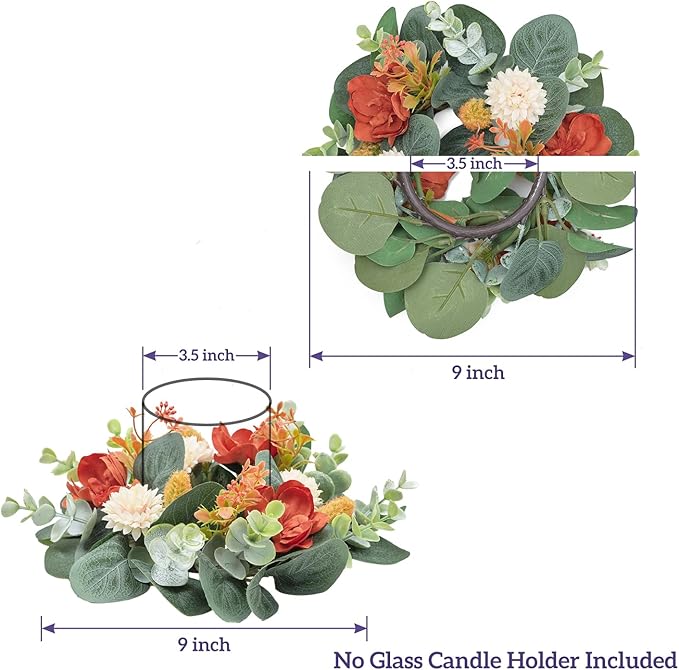 2 Pcs Mini Fall Orange Floral Candle Rings Wreaths for Pillars Home Table Window Decor, 9 Inches Artificial Flower Cabinet Wreath for Autumn Kitchen Farmhouse Wedding Party (Orange Delphinium)