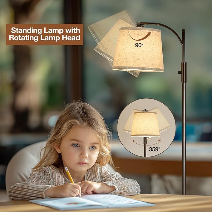AIDENOEY Fully Dimmable Floor Lamp for Living Room，Standing Lamp Rotary Switch with Linen Beige Shade，Brown Tall Lamps for Bedroom with Adjust Head，9W LED Bulb Included