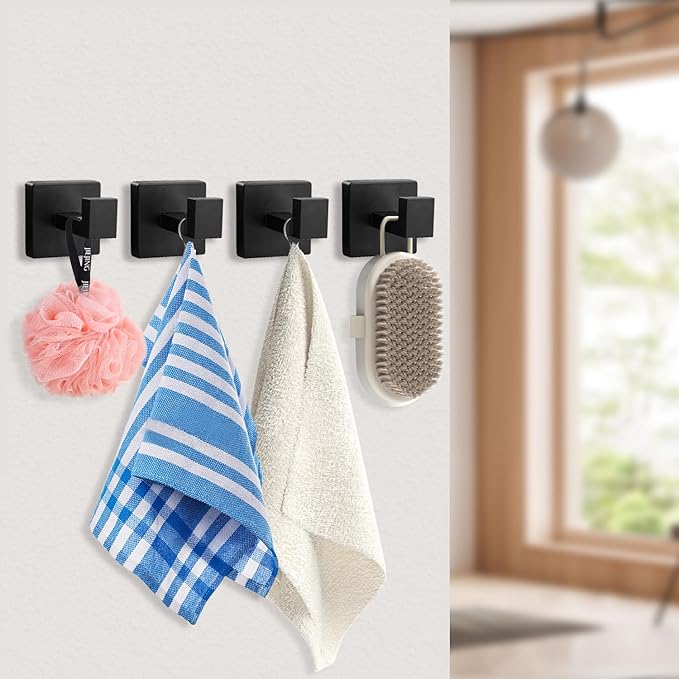 4 Pack Matte Black Towel Hooks for Bathroom, Heavy Duty 33lb Stainless Steel Wall Hooks, Modern Square Robe Hook Screw Mounted for Hanging Coats, Hats, Bags, Rustproof Hardware