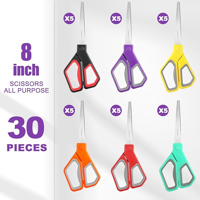 BURVAGY 30Pack 8" Scissors All Purpose, Heavy Duty Scissors with Ultra Sharp Blades Comfort Grip Handles - For Office Home School Sewing Fabric Crafts, High/Middle School Student Teacher Scissor