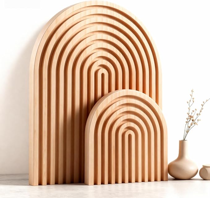 2 Pcs Natural Wood Arch Decor, Boho Shelf & Serving Board for Fireplace Mantel, Kitchen Counter - Light Pine Finish, Scandinavian & Japandi Style Aesthetic Accents for Living Room, Home Office
